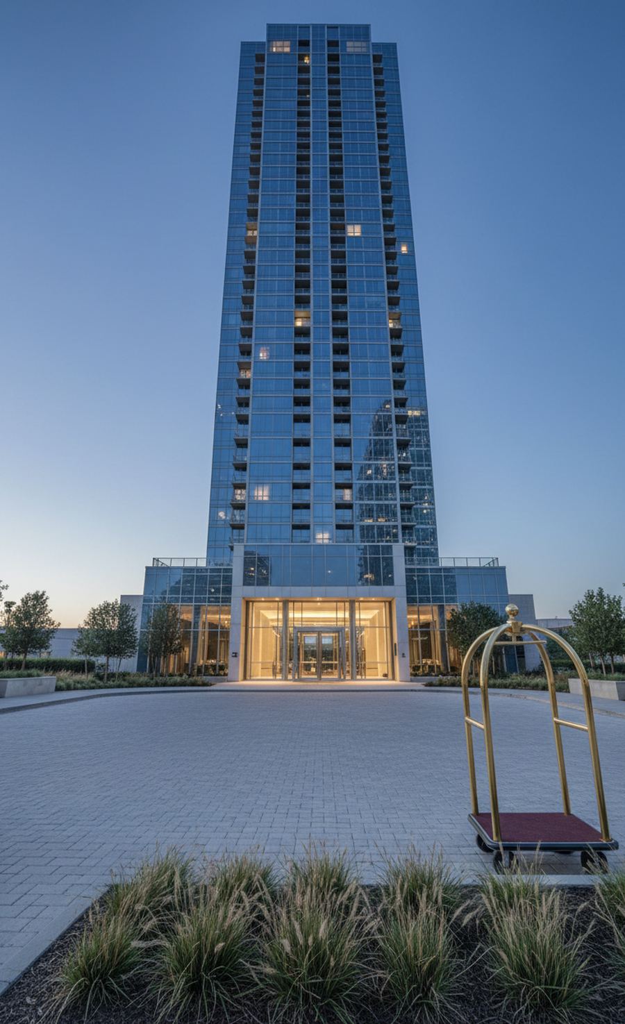Slender glass residential tower at dusk with a lit entrance, a paved drive-in court and a brass luggage cart beside a bed of ornamental grass.